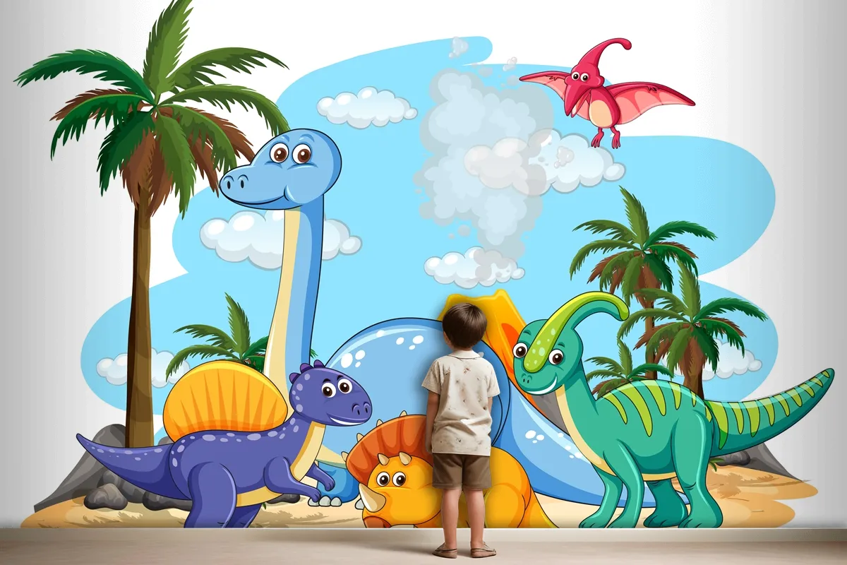 Many Cute Dinosaurs Character In Prehistoric Land Isolated Wallpaper Mural