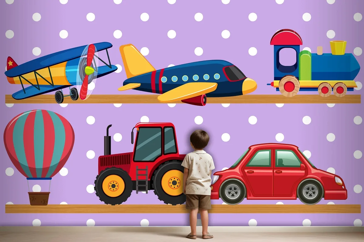 Many Transportation Toys On Wooden Shelves Wallpaper Mural