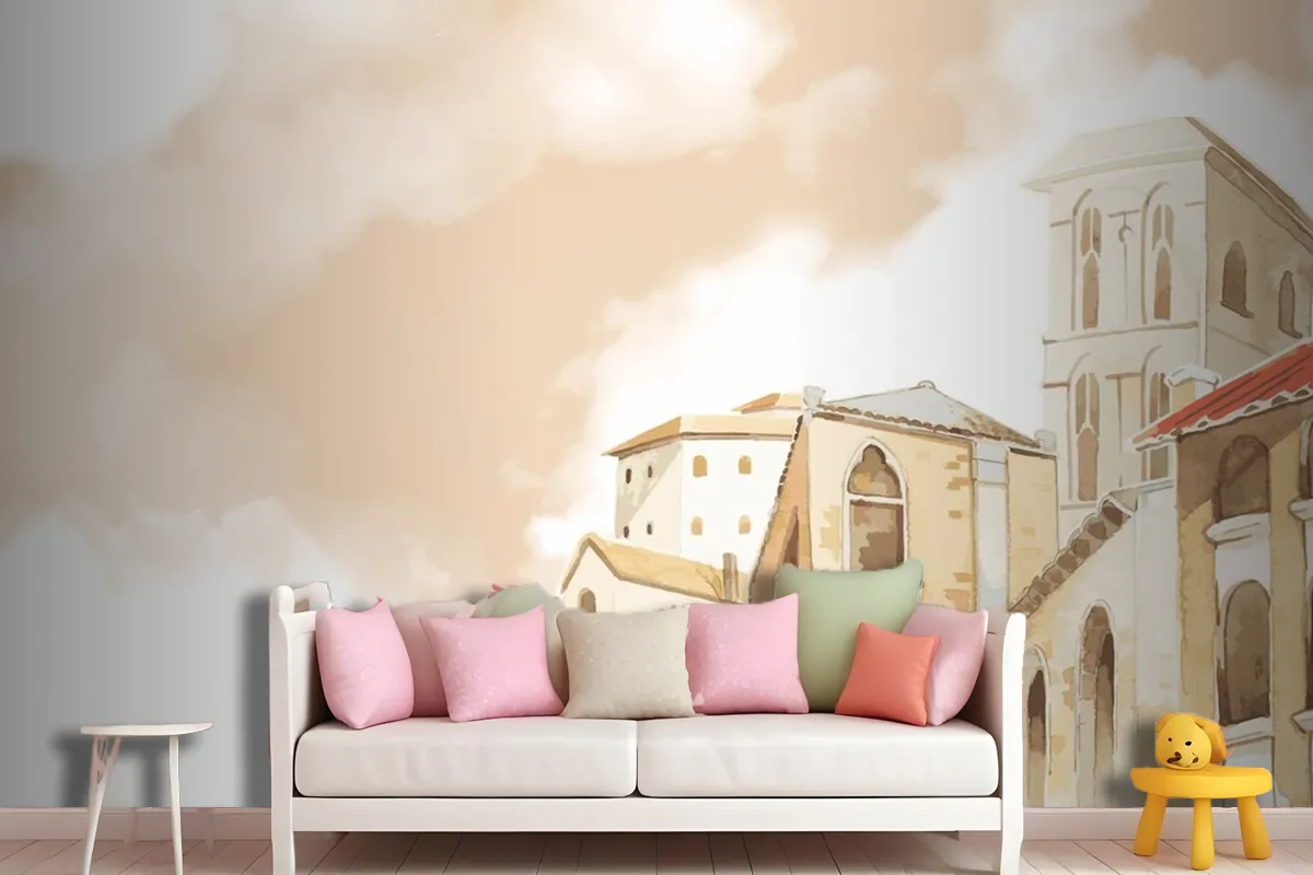 Mediterranean City Building Exterior Water Color Style Wallpaper Mural