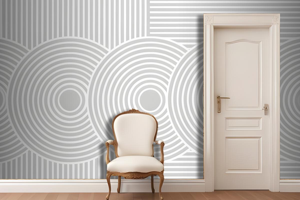 Minimalist Abstract Geometric Patterns Of Concentric Circles And Vertical Lines In Shades Of Gray Wallpaper Mural