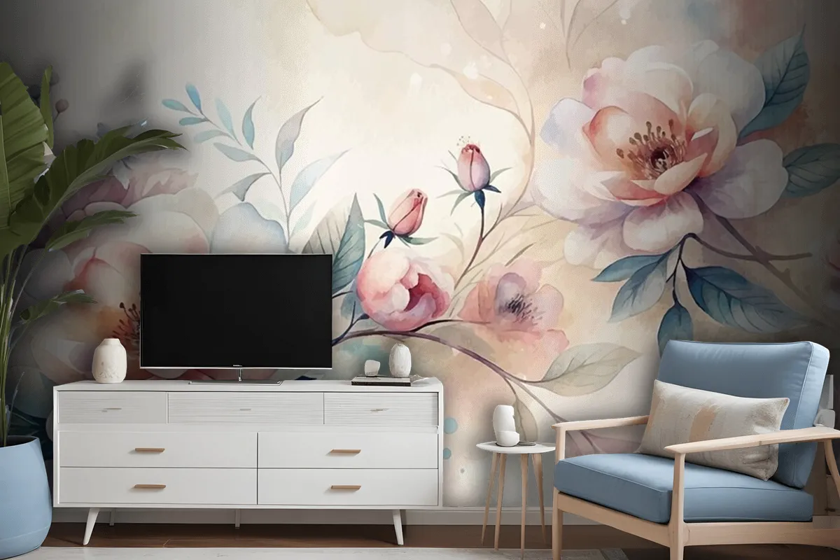 Minimalist Blooming Flower Watercolor Background Beautifully Scattered Wallpaper Mural