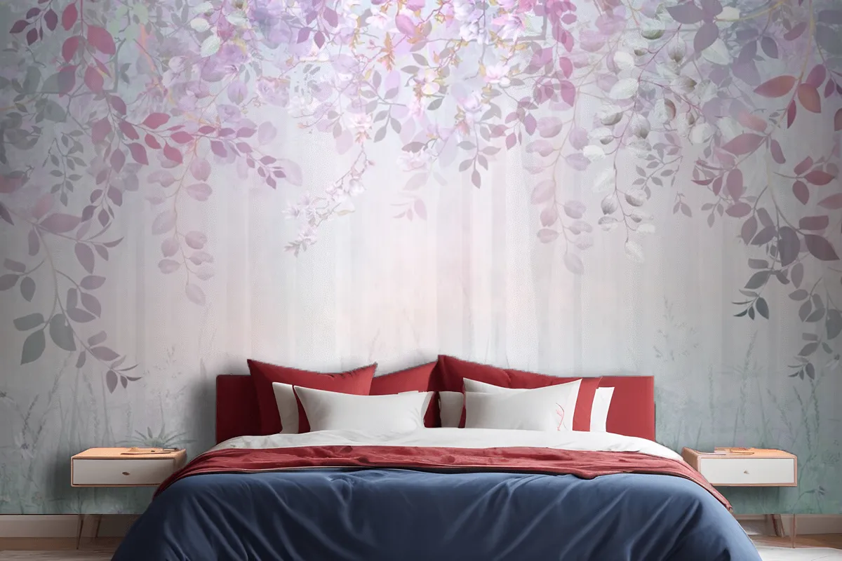 Misty Forest In A Rainbow Haze With Hanging Branches And Meadow Flowers Wallpaper Mural