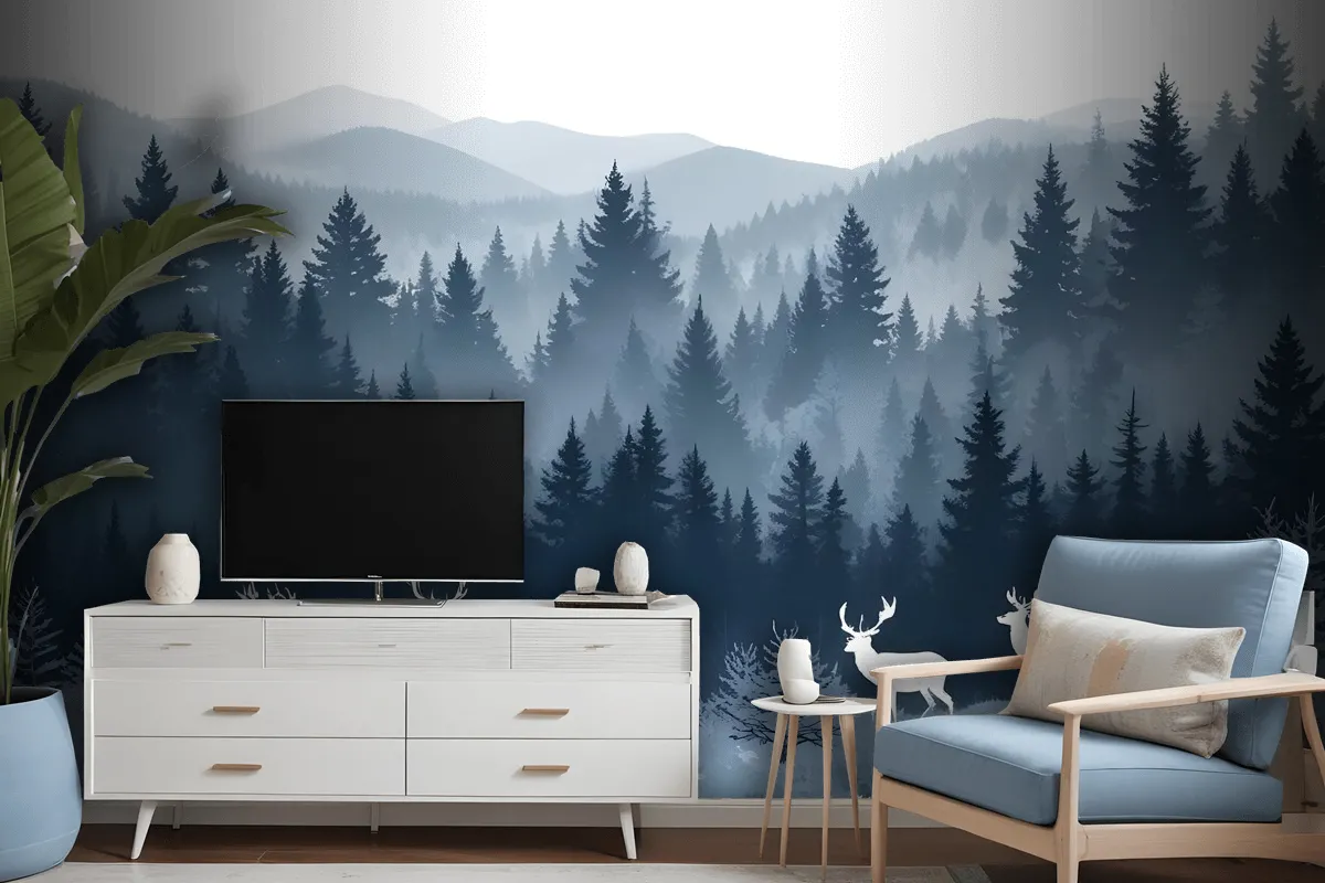 Misty Forest Landscape And Horned Deer Wallpaper Mural