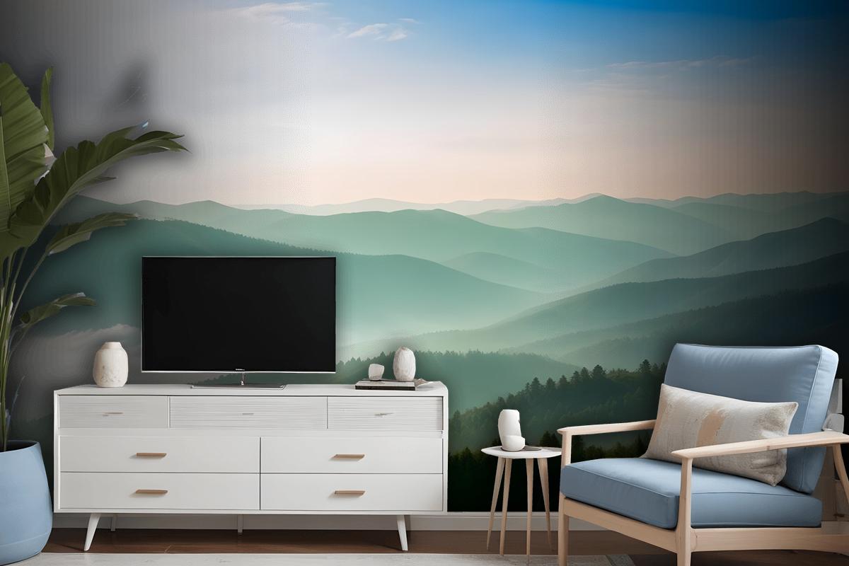 Misty Mountain Green Forest Scenic Wallpaper Mural