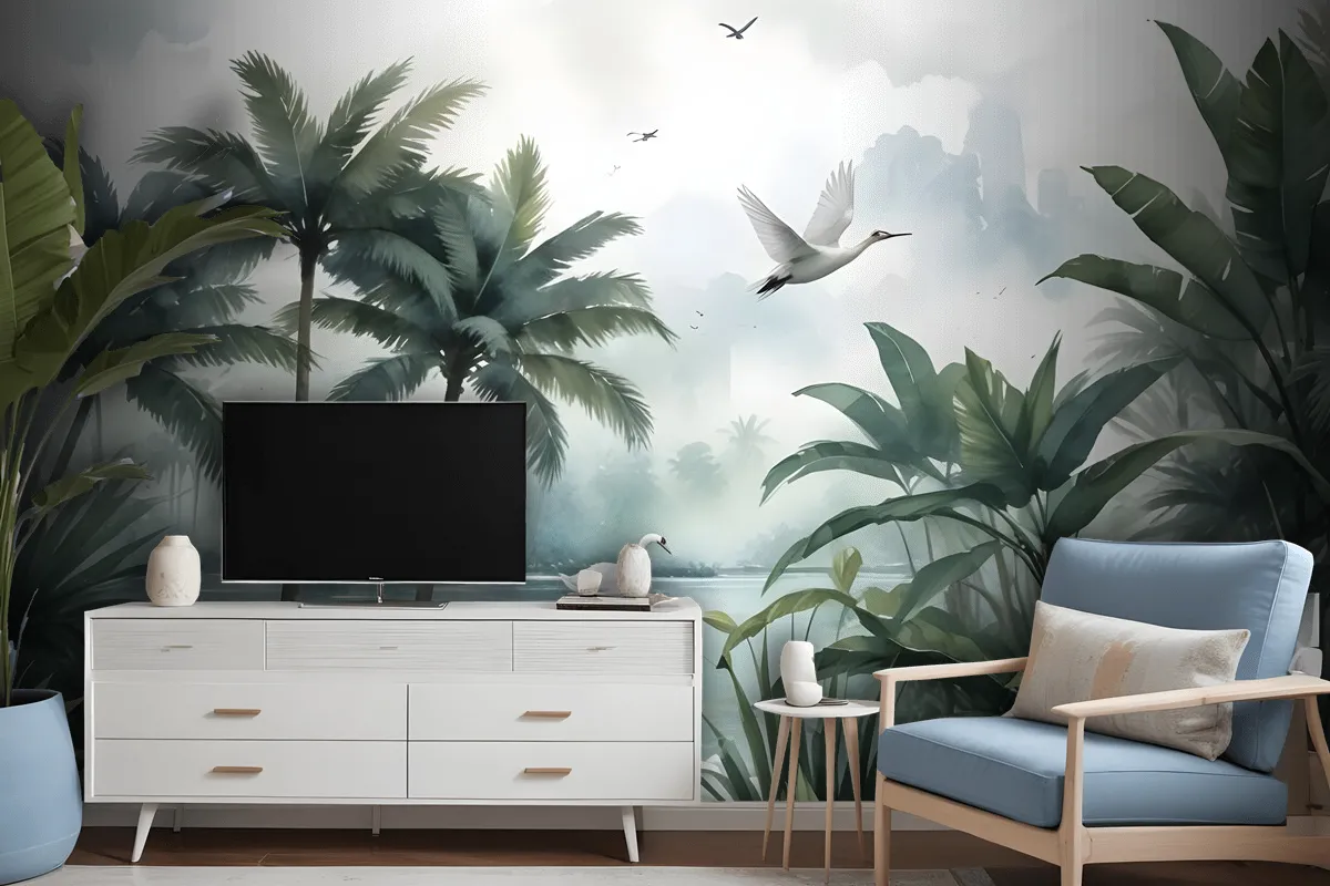 Misty Tropical Forest With Lake Wallpaper Mural