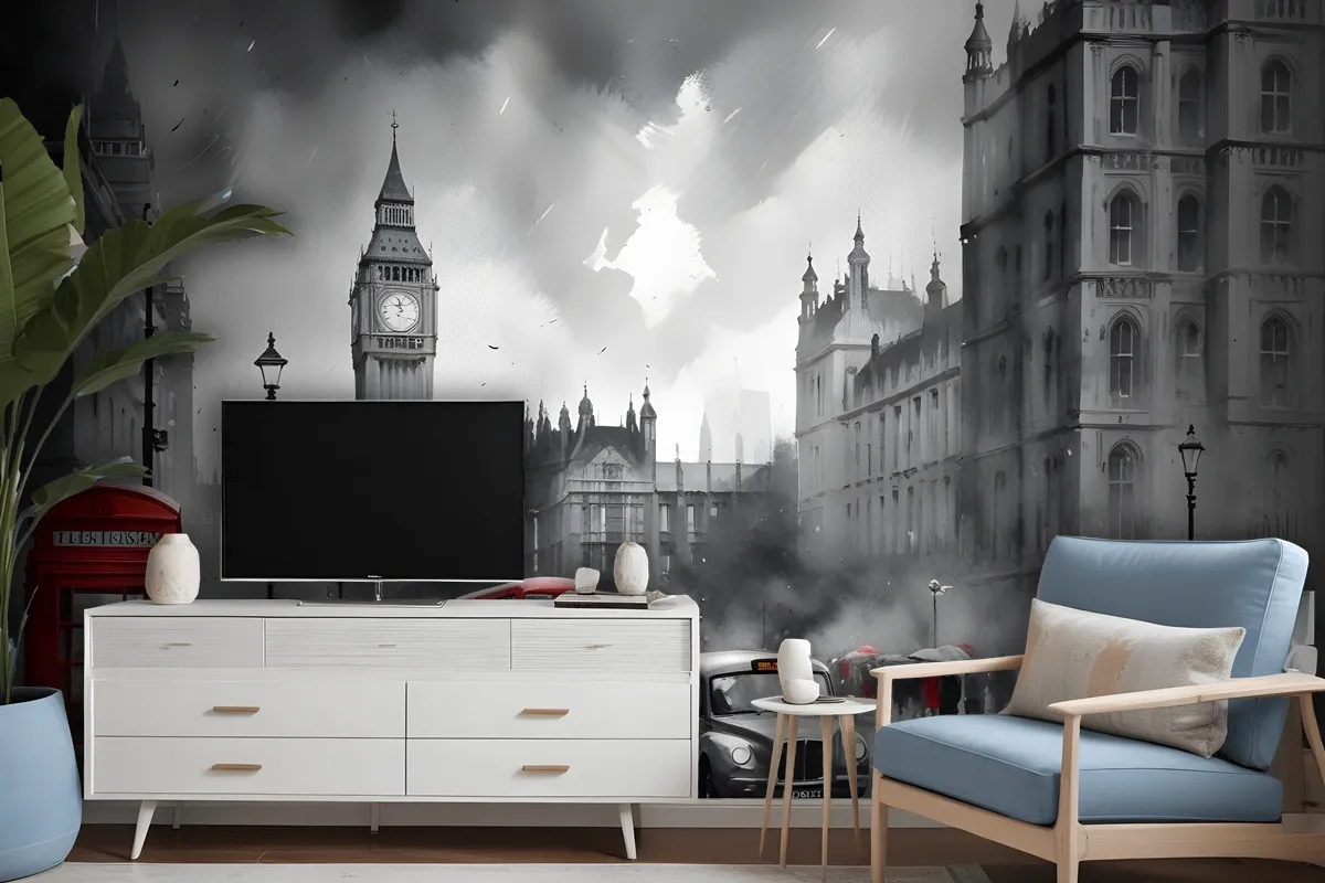 Monochrome Charcoal City Landscape And Red Bus Wallpaper Mural