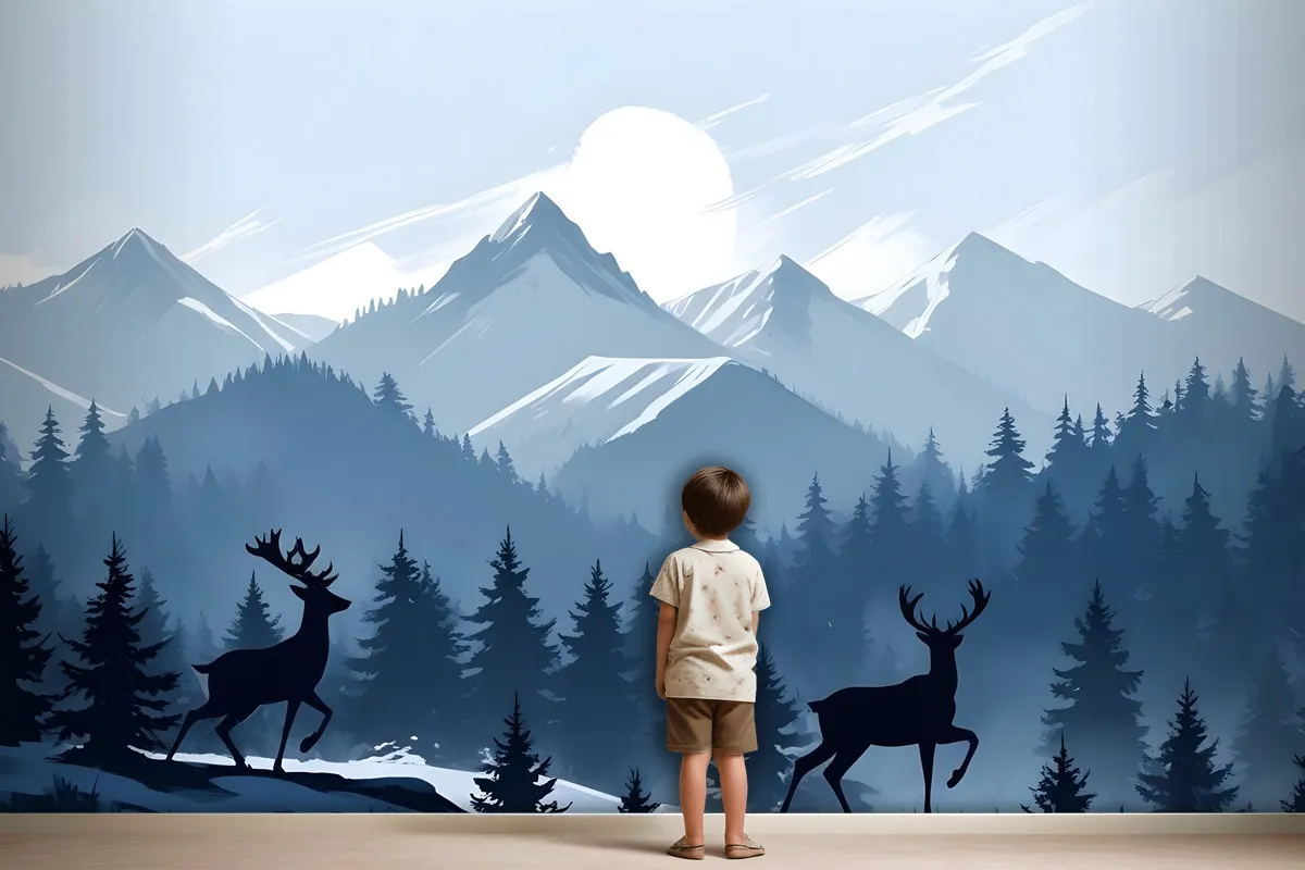 Monochrome Dark Blue Snowy Forest With Horned Deer Silhouette For Kids Wallpaper Mural