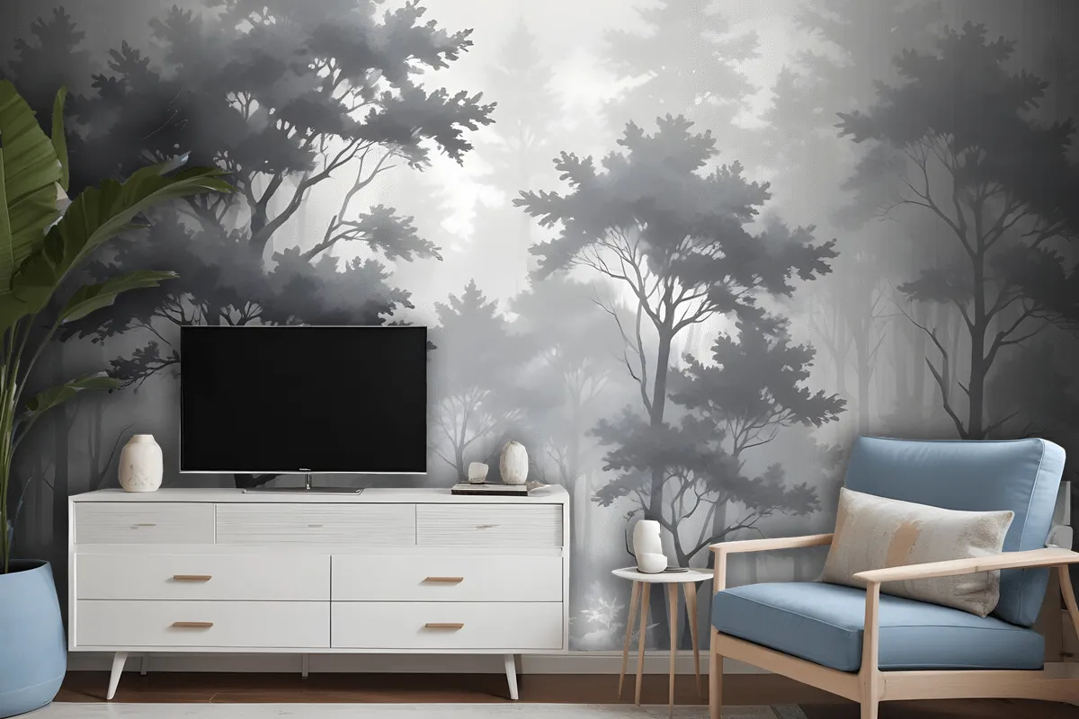 Monochrome Forest Silhouette Landscape Wallpaper Mural