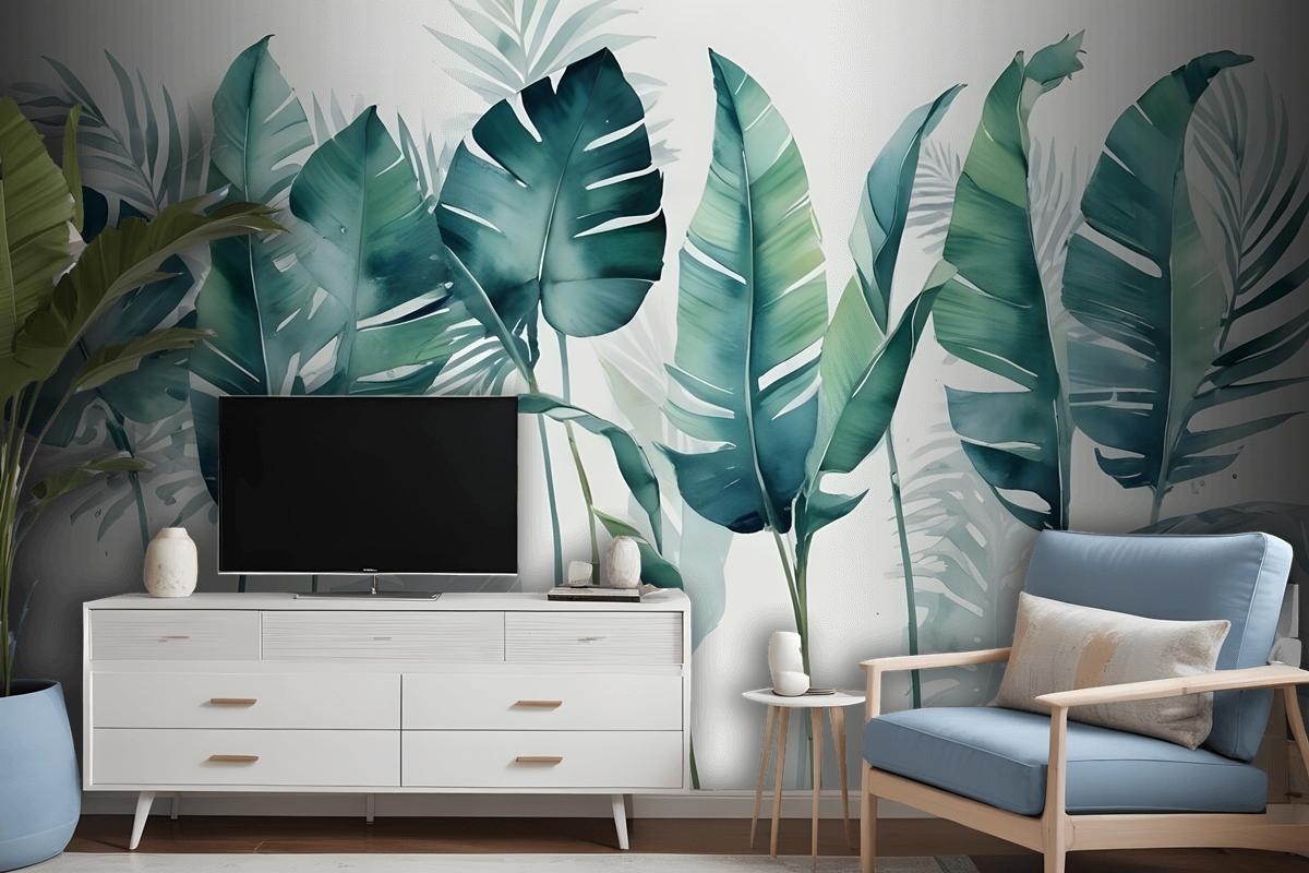 Monochrome Green Banana Leaf Wallpaper Mural