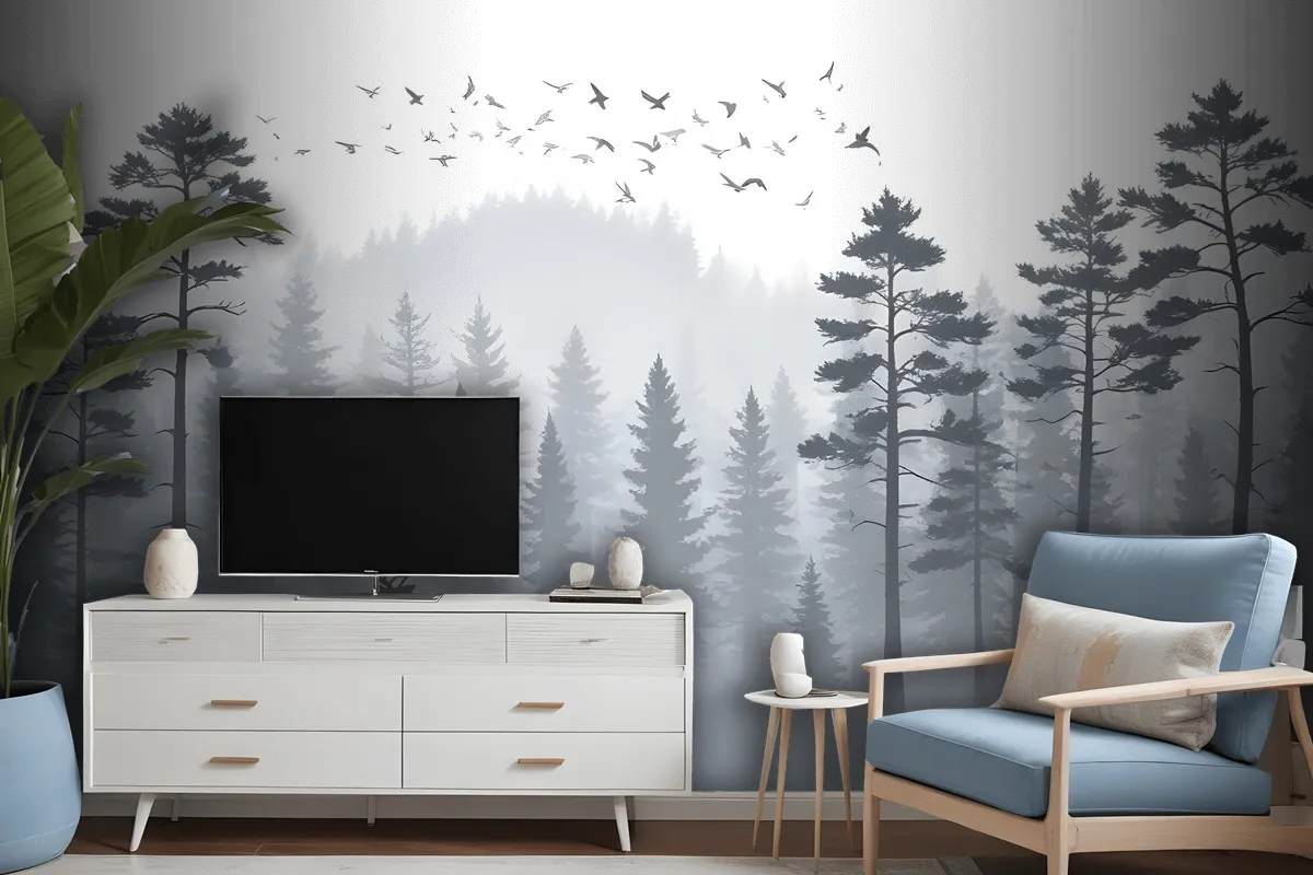 Monochrome Mountain And Forest Scape Wallpaper Mural