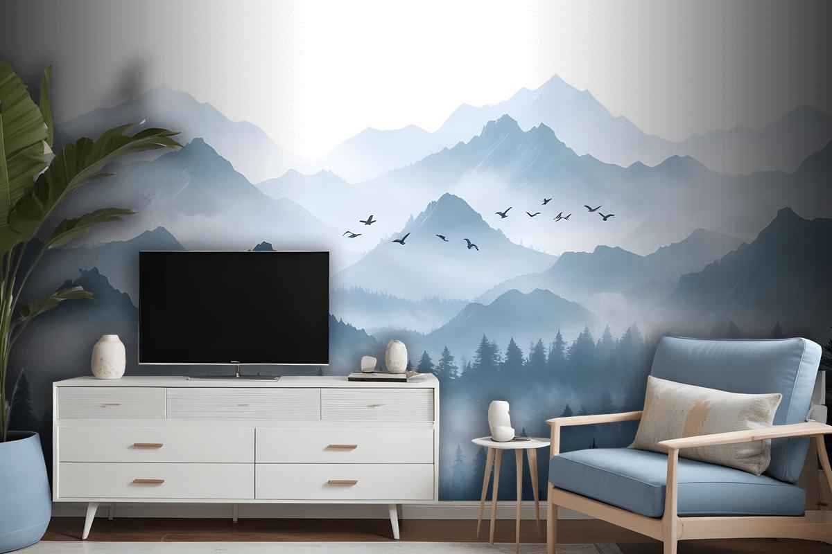 Monochrome Mountainscape With Misty Forest Wallpaper Mural