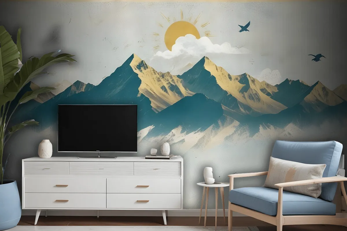 Mountain Sunrise Landscape And Old Plaid Texture Wallpaper Mural