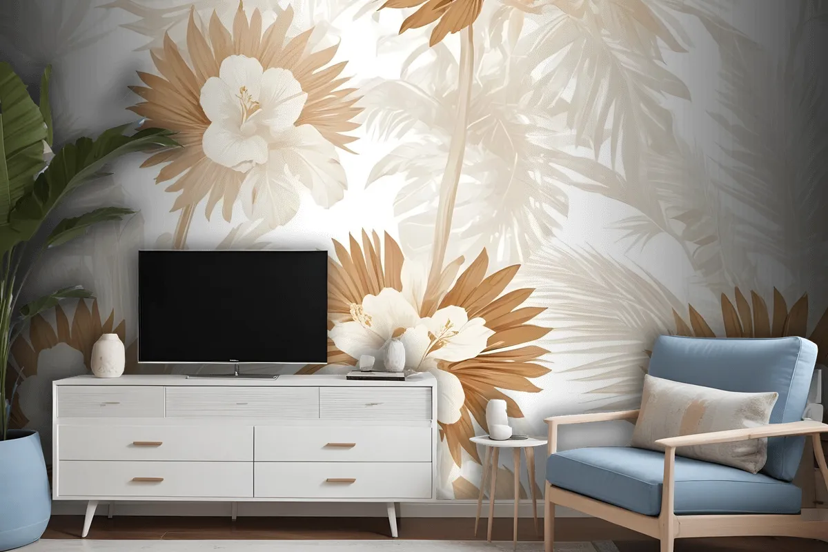 Neutral Boho Plants With Palm Leaf Wallpaper Mural