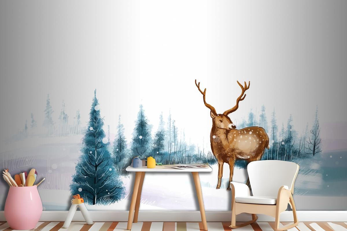 New Year And Christmas Tree Winter Landscape Background With Reindeer Wallpaper Mural