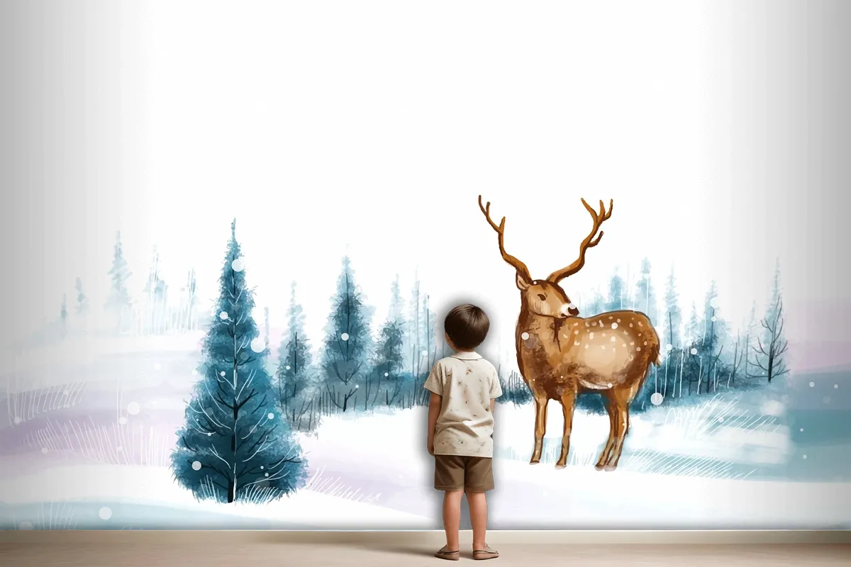 New Year And Christmas Tree Winter Landscape Background With Reindeer Wallpaper Mural