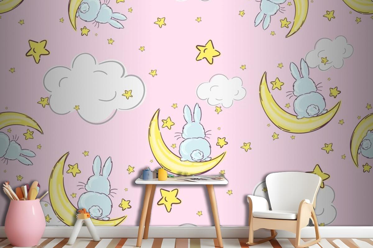 Night Sky Doodle Pattern With Cute Rabbits Sitting On Moons And Stars Seamless Wallpaper Mural