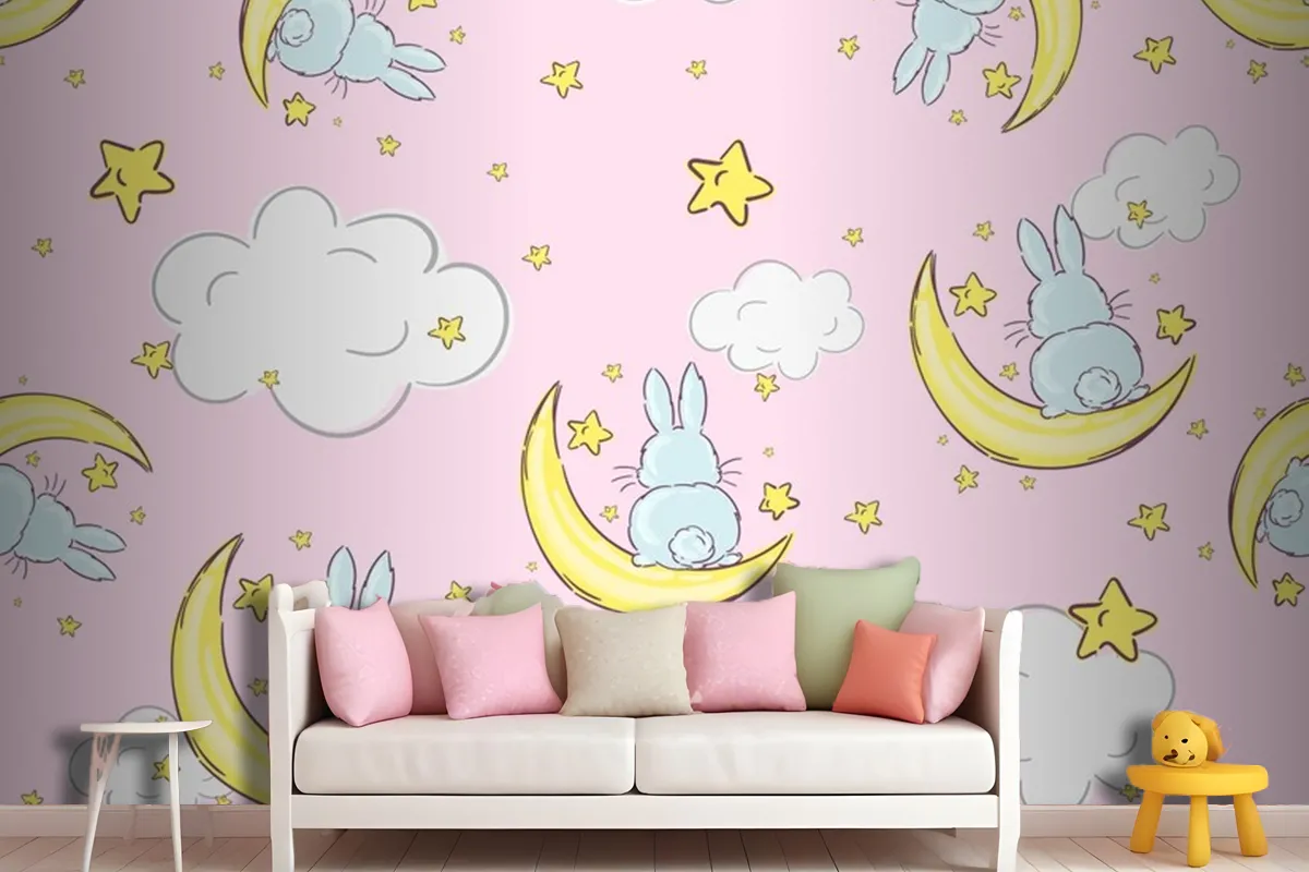 Night Sky Doodle Pattern With Cute Rabbits Sitting On Moons And Stars Seamless Wallpaper Mural