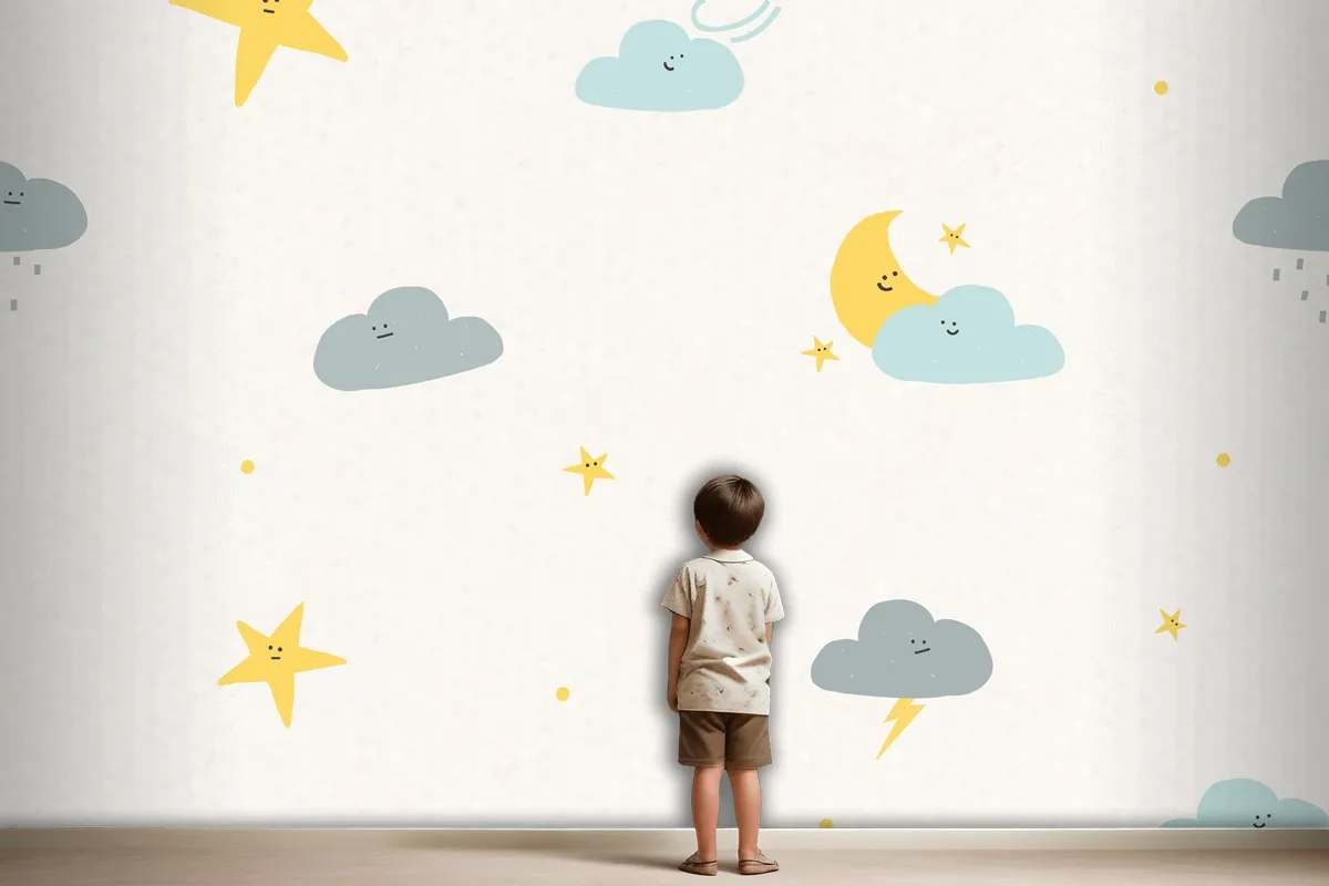 Night Sky Seamless Pattern Weather Doodle Background For Kids Wallpaper Mural