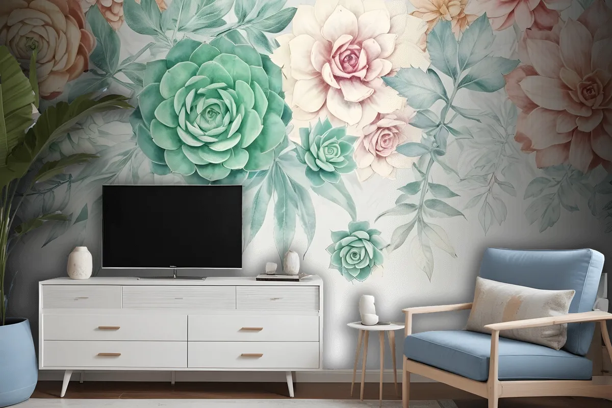 Nostalgic Soft Green Vine Floral Art Wallpaper Mural