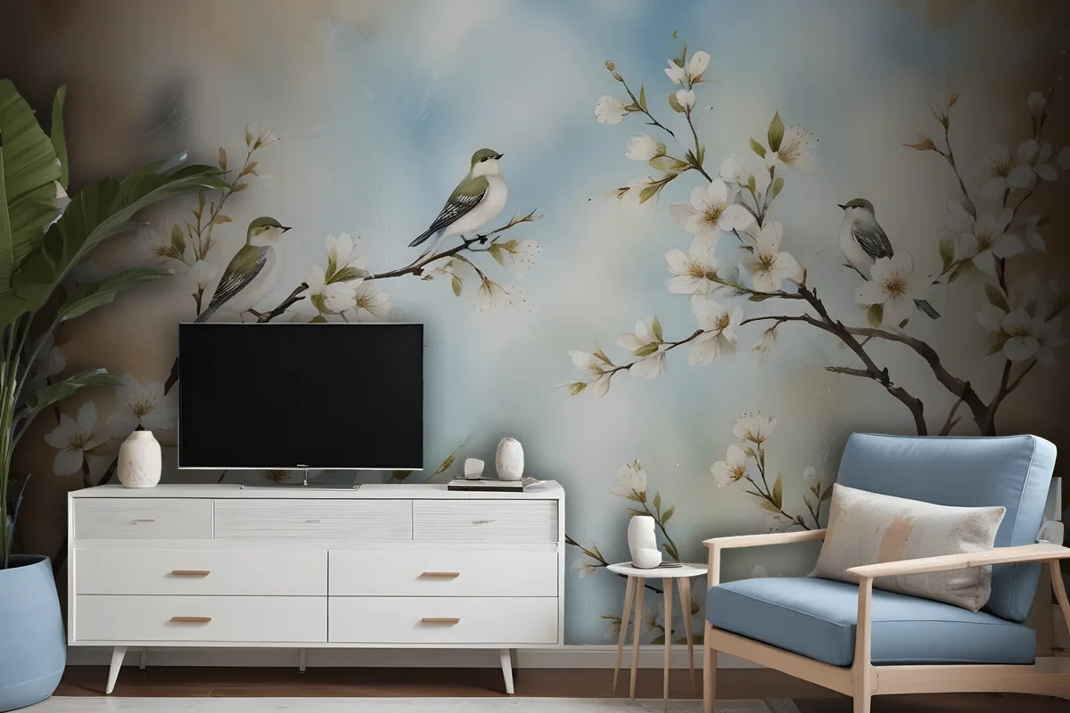 Nostalgic Watercolor Cherry Blossoms Wallpaper Mural