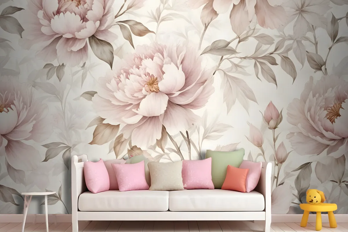 Nursery Pastel Peony Watercolor Floral For Girls Wallpaper Mural