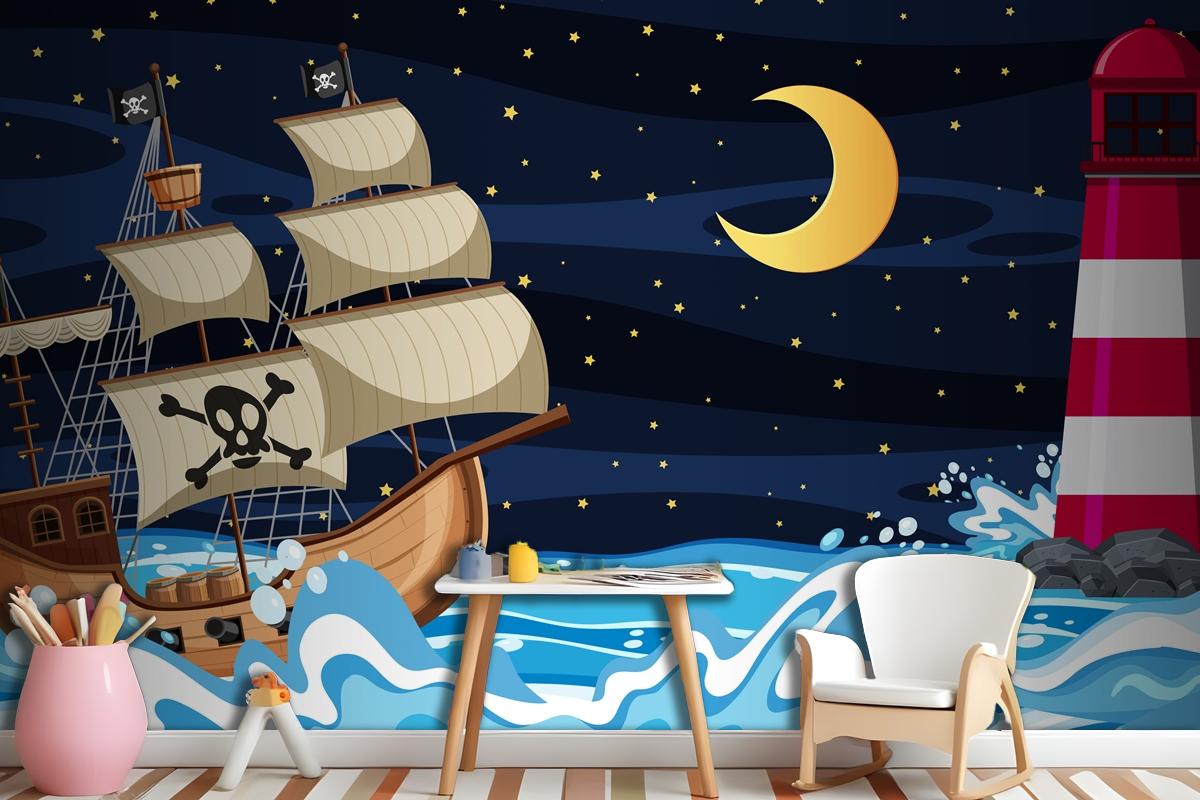 Ocean Scene At Night With Pirate Ship In Cartoon Style Wallpaper Mural