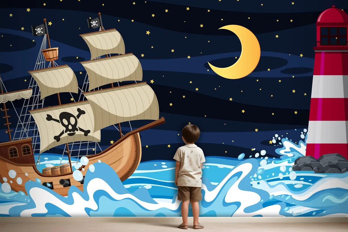 Ocean Scene At Night With Pirate Ship In Cartoon Style Wallpaper Mural