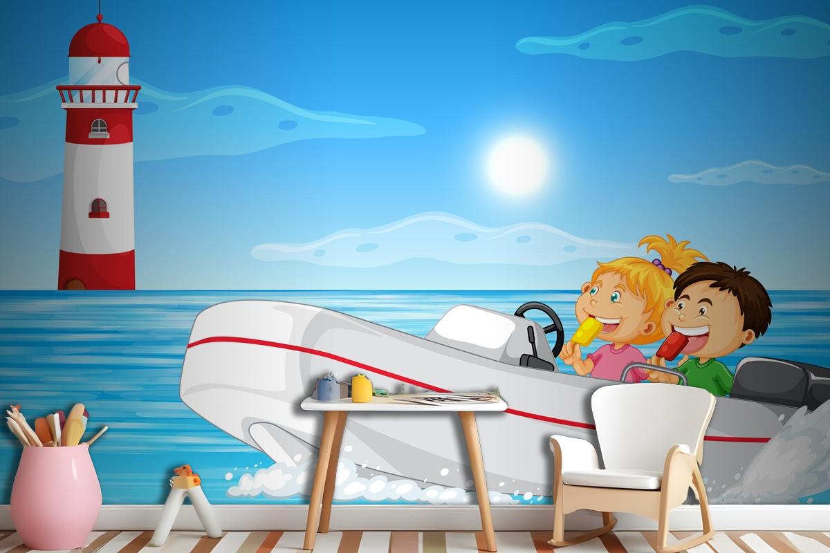 Ocean Scenery With Children On Motorboat Wallpaper Mural