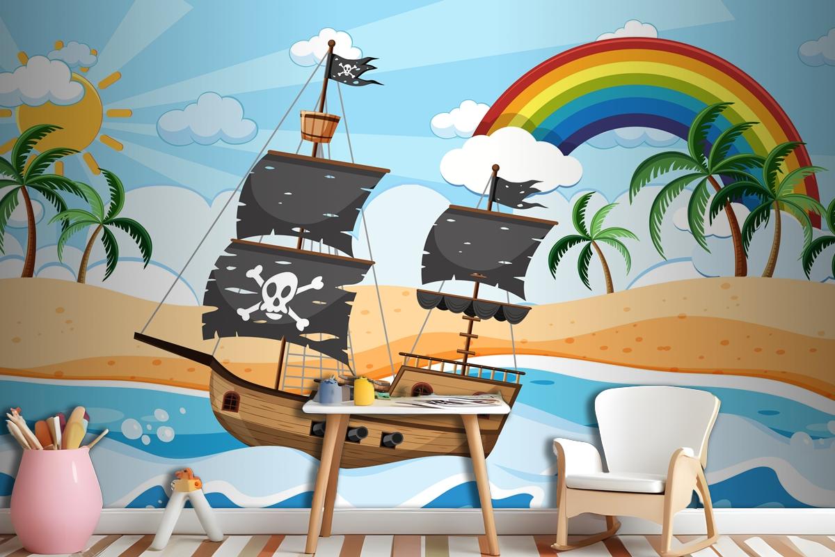 Ocean With Pirate Ship At Day Time Scene In Cartoon Style Wallpaper Mural