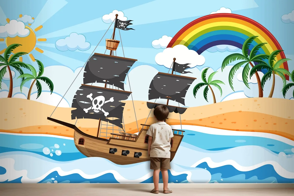 Ocean With Pirate Ship At Day Time Scene In Cartoon Style Wallpaper Mural