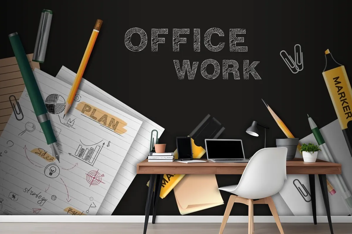 Office Work Black Chalkboard With Sheets Of Paper With Notes Scattered On It Realistic Wallpaper Mural