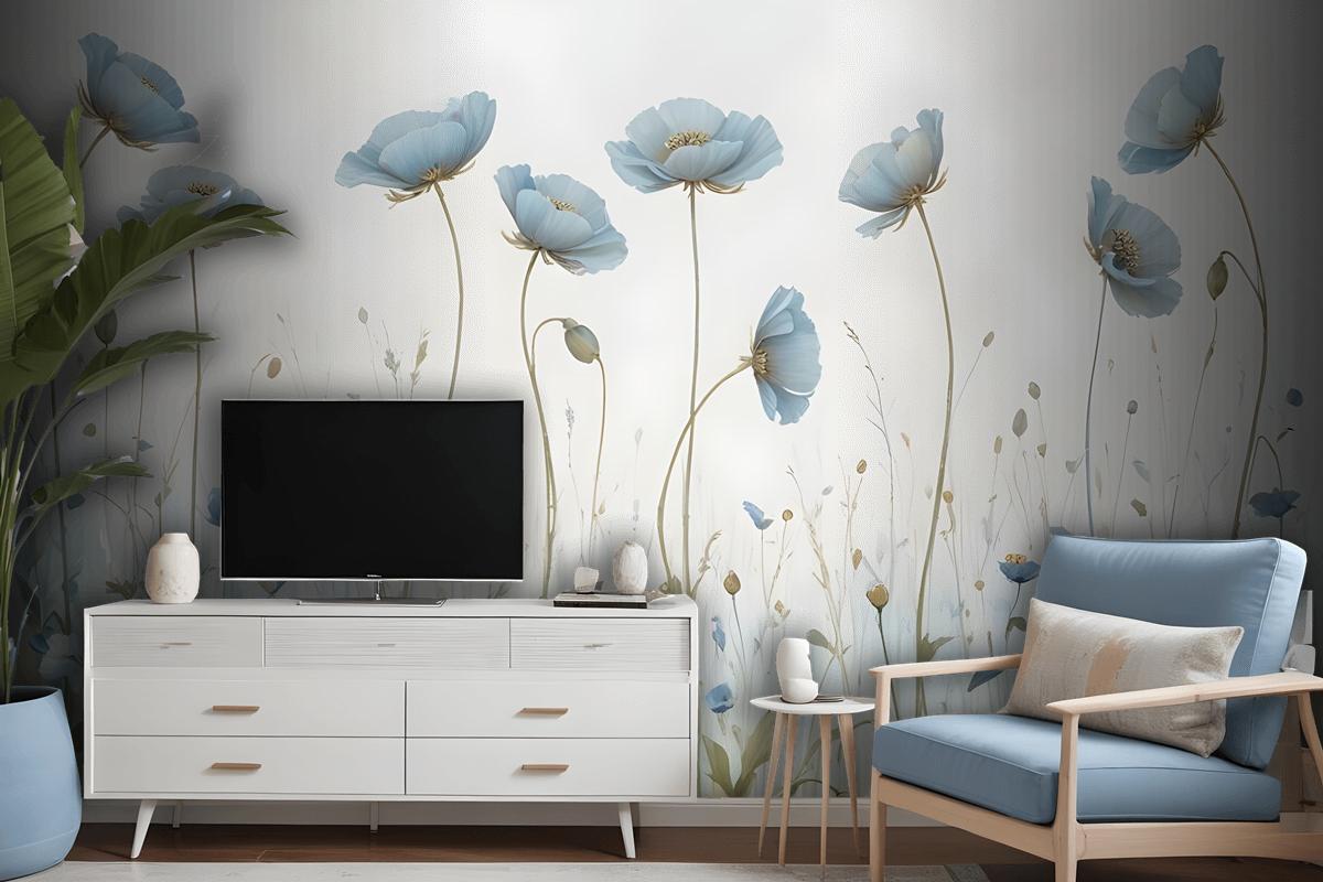 Oil Painting Blue Poppy Flowers Wallpaper Mural