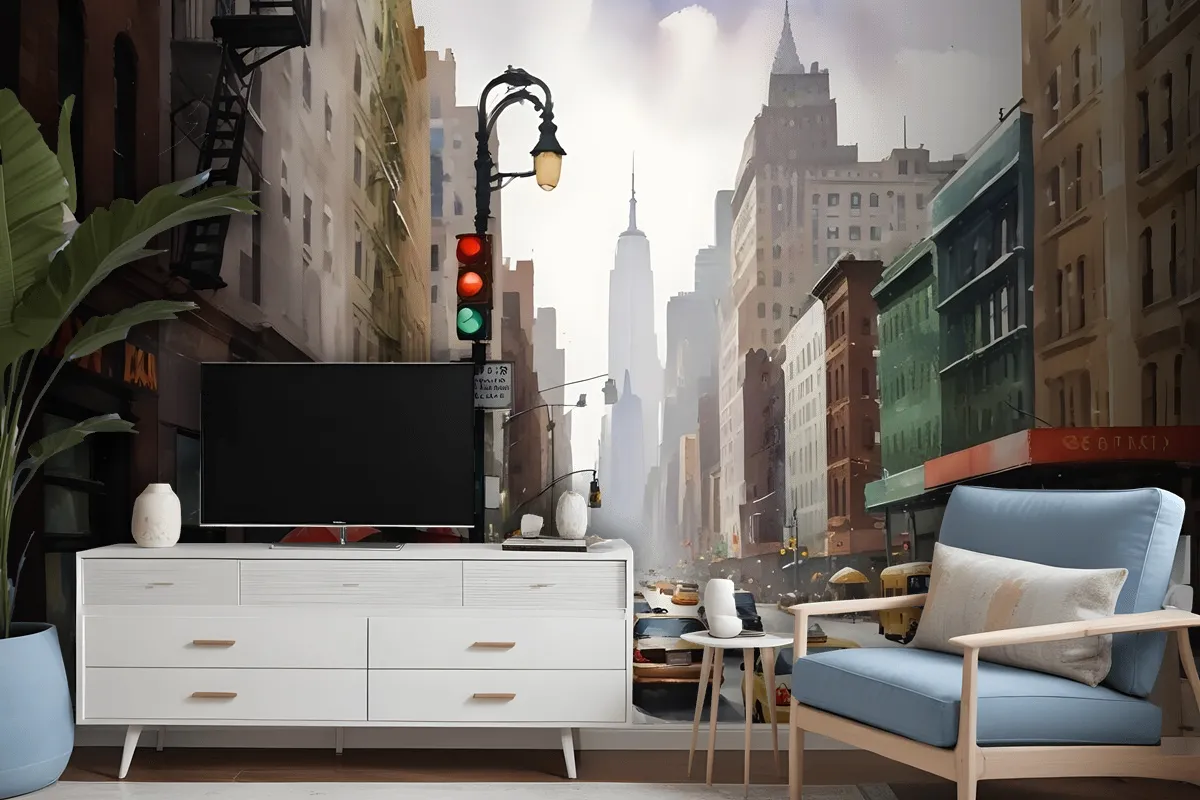 Oil Paintinging Style Street View Of New York City Landscape Wallpaper Mural