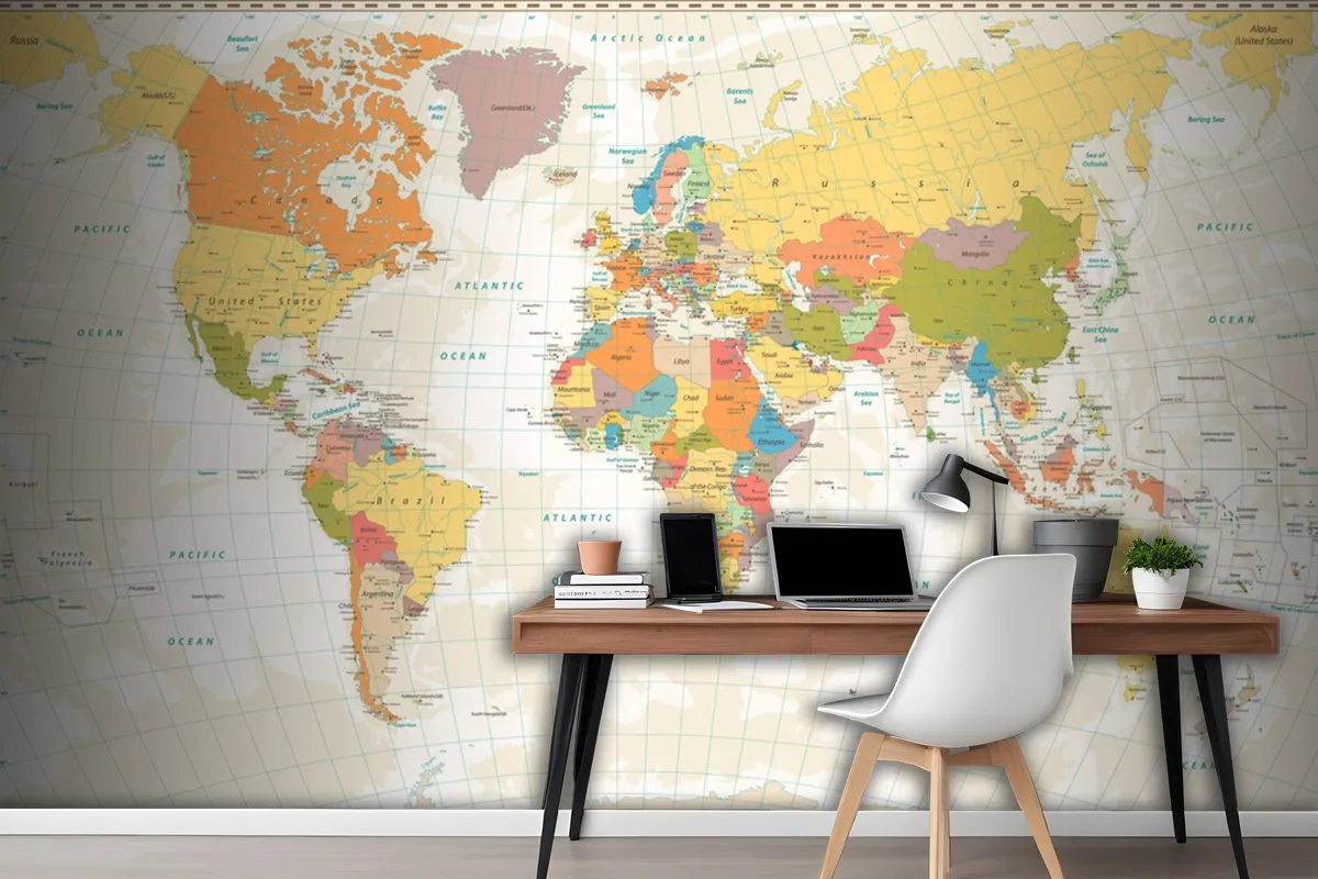 Old Retro World Map With Lakes And Rivers Wallpaper Mural