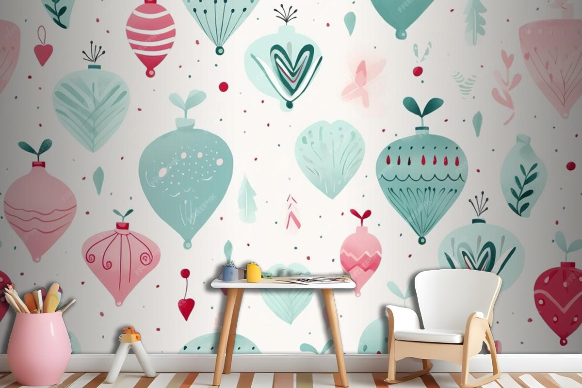 Colorful Christmas Seamless Pattern With Tree And Baubles Modern Vibrant Endless Wallpaper Mural