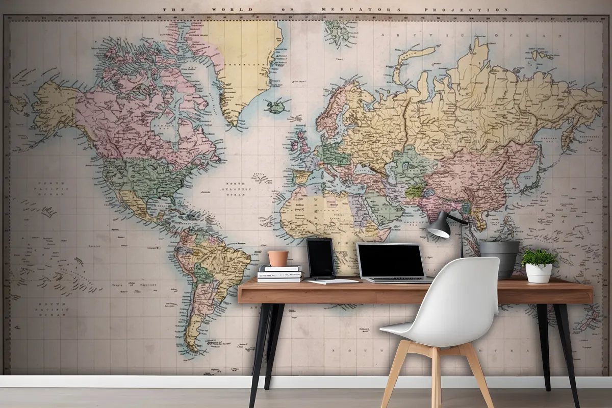 Original Old Hand Coloured Map Of The World Wallpaper Mural