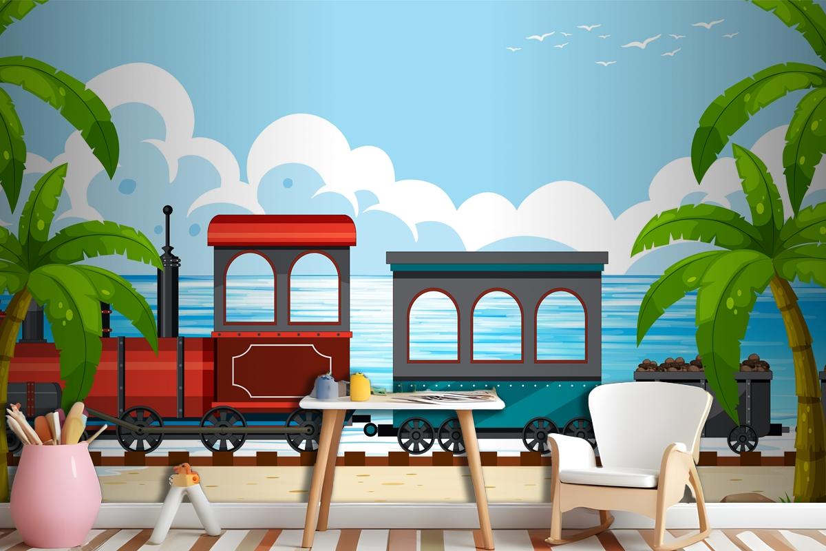 Outdoor Scene With A Steam Locomotive Train Boys Wallpaper Mural