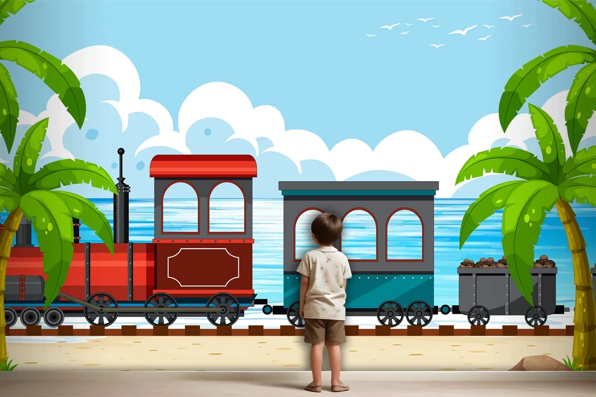 Outdoor Scene With A Steam Locomotive Train Boys Wallpaper Mural