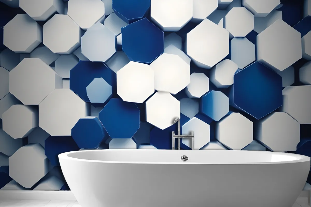 Overlapping Hexagon In Shades Of Blue And White Wallpaper Mural