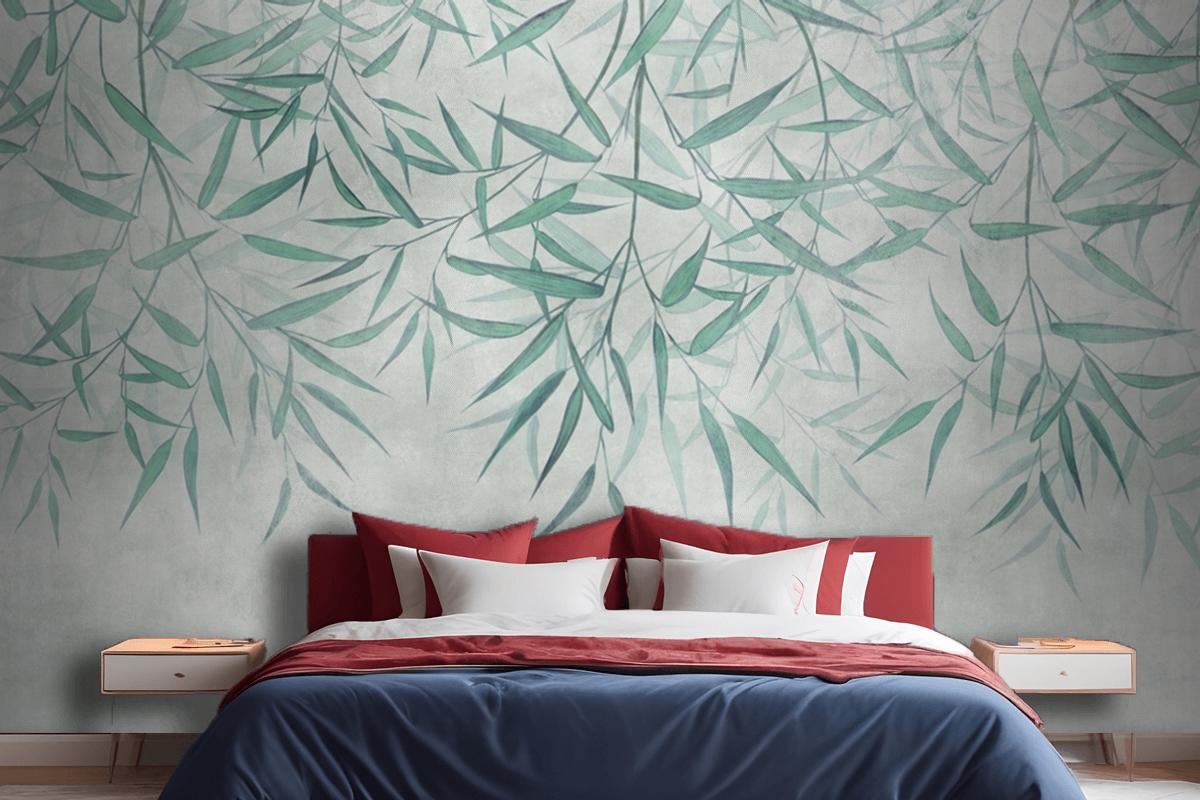 Painted Reed Bamboo Leaves Hanging From Above On A Textured Background Wallpaper Mural