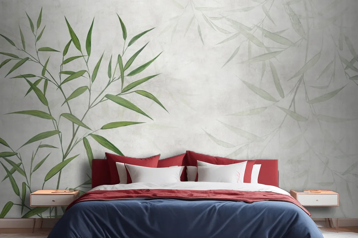 Painted Reed Bamboo Leaves On A Textured Background Wallpaper Mural