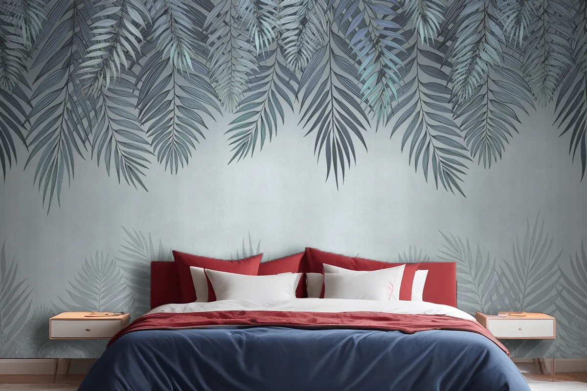 Palm Leaves In Pale Blue Flowers Wallpaper Mural