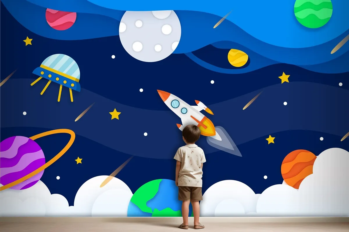 Paper Style Galaxy With Rocket Wallpaper Mural