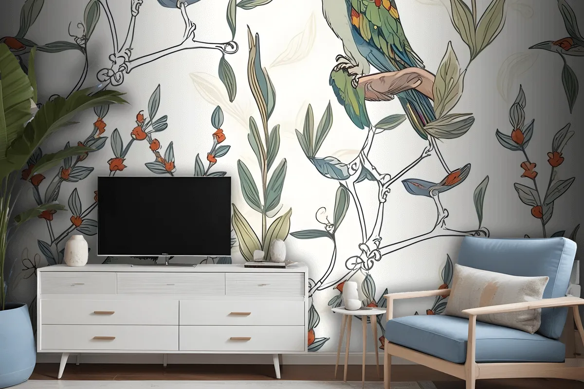 Parrot On Branches Wallpaper Mural