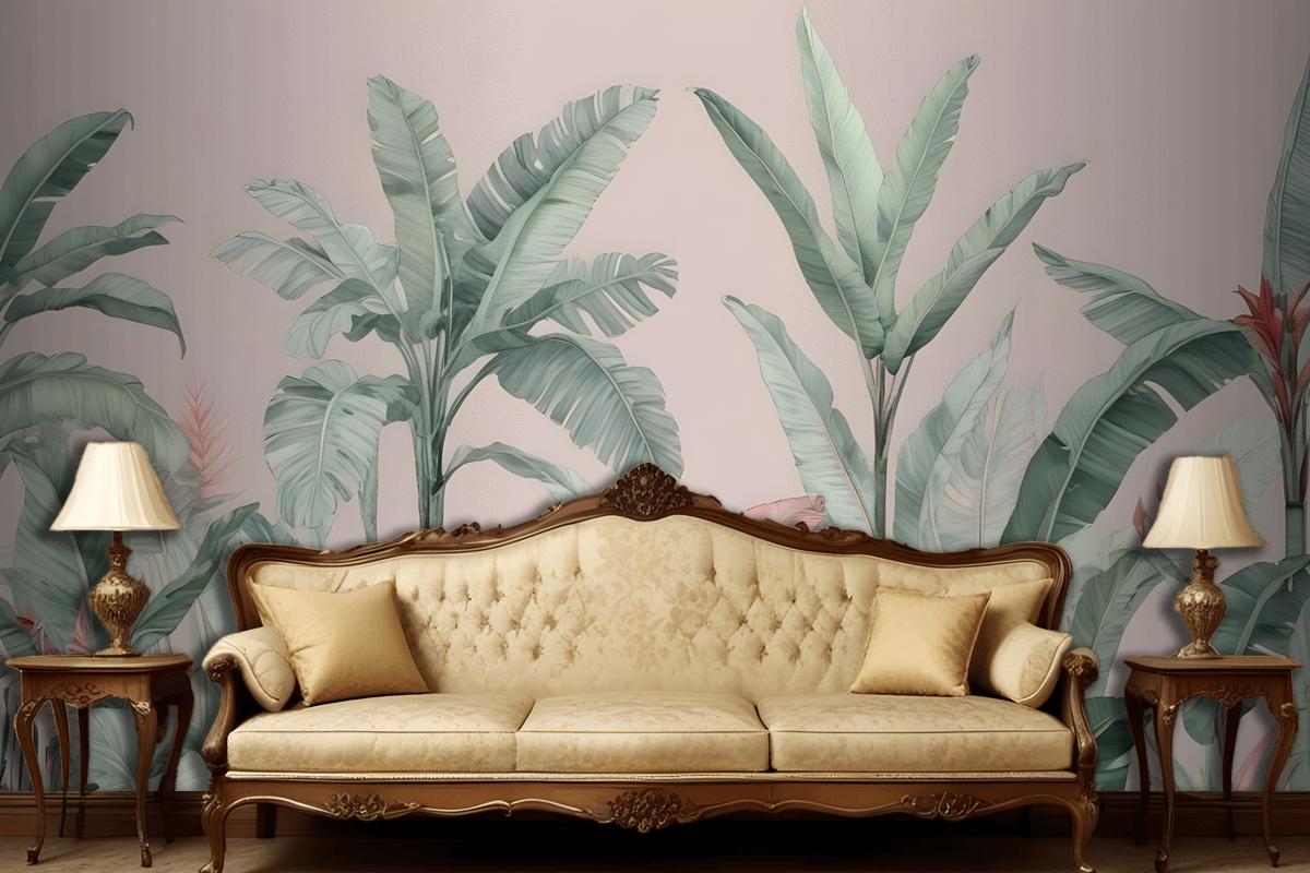 Pastel Pink & Green Vintage Tropical Wallpaper Mural