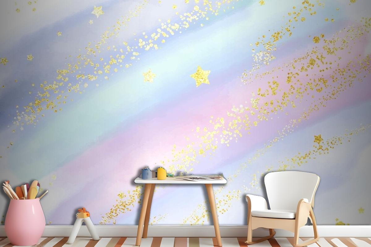 Pastel Watercolour Background With Glittery Gold Stars And Confetti Wallpaper Mural