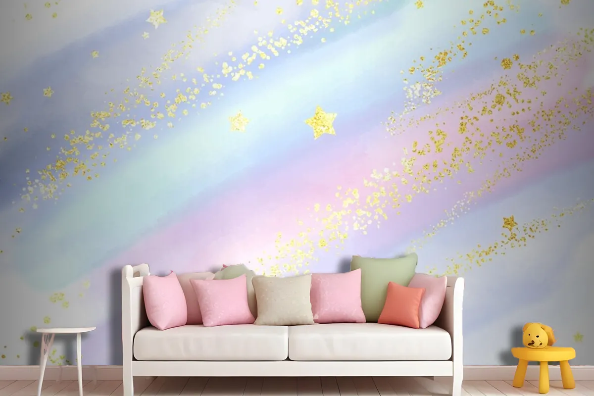 Pastel Watercolour Background With Glittery Gold Stars And Confetti Wallpaper Mural