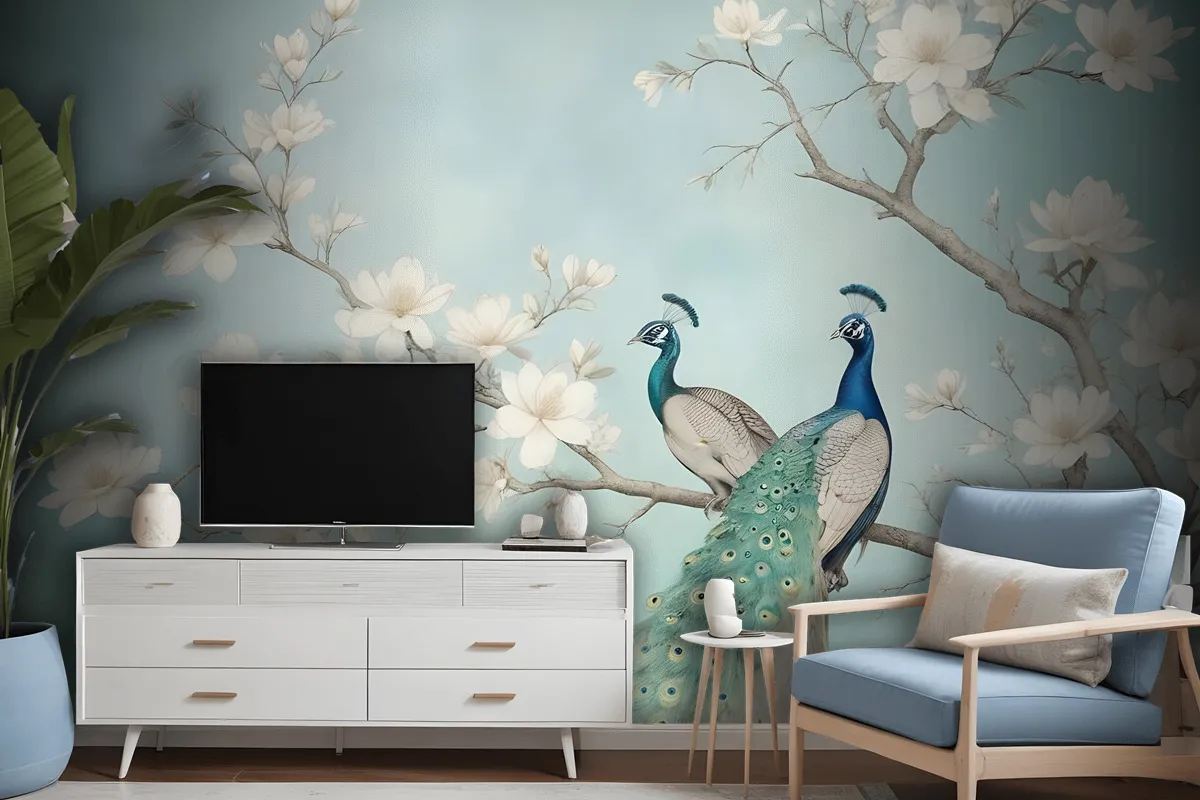 Peacock With Magnolia Blossom Wallpaper Mural