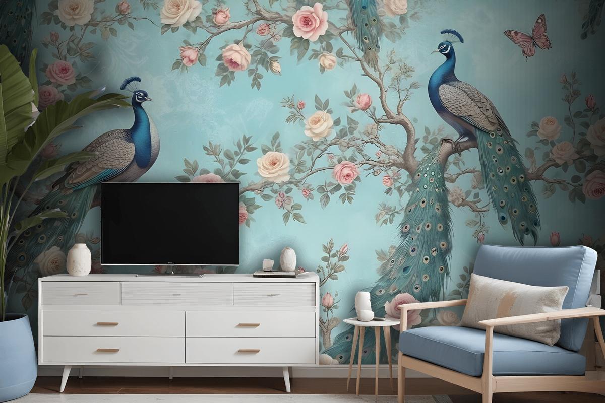 Peacock With Peony Blossom Wallpaper Mural