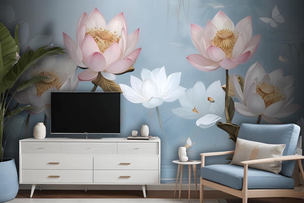 Pearl Lotus Flower And Little Butterfly Wallpaper Mural